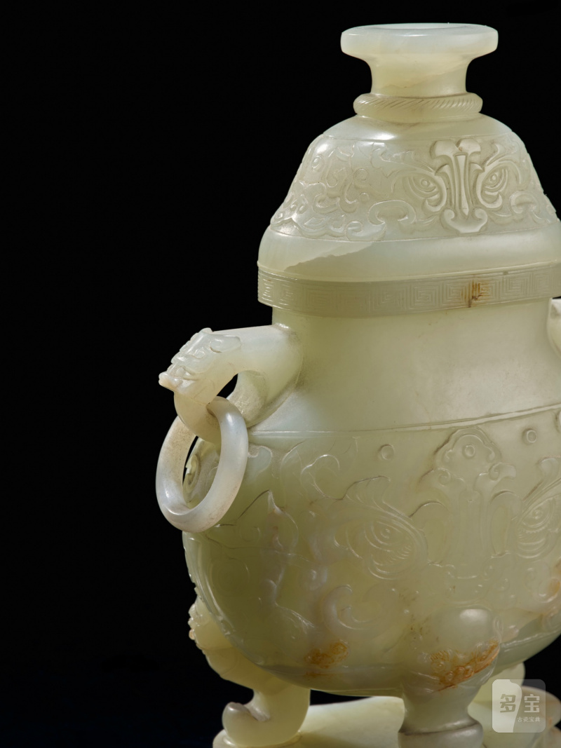 清十九世紀 白玉獸耳三足蓋壺及座 - 图5